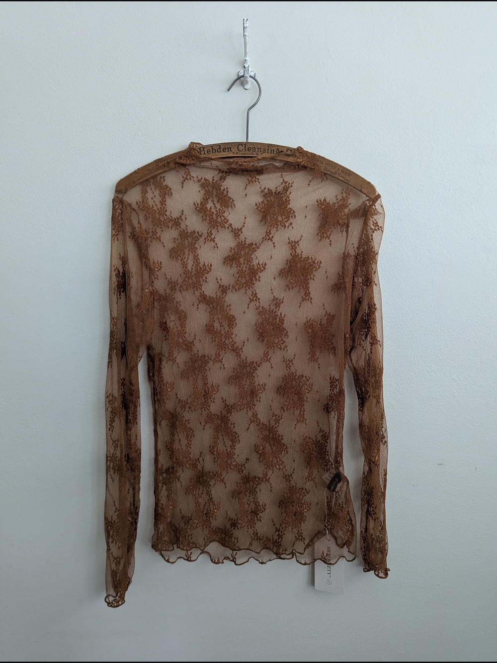 Sheer Brown Lace Long-Sleeve Top